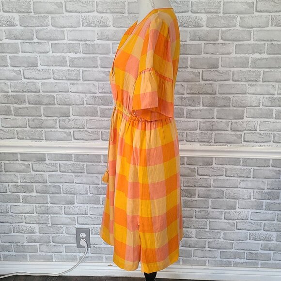 Ann Taylor Orange Peach Plaid Dress Tassels Retro NWOT Relaxed Casual Medium - Picture 2 of 7